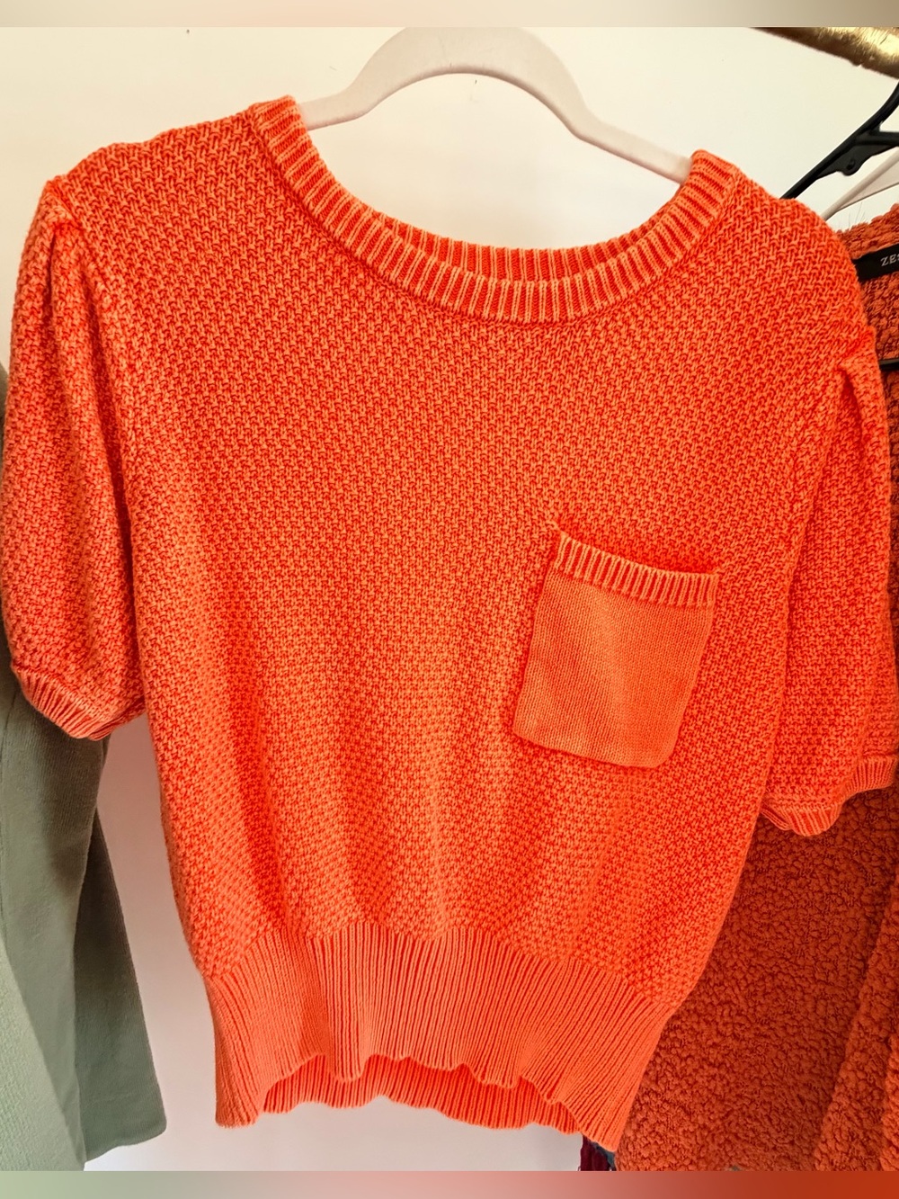 Timing Bright Orange Short-Sleeve Crewneck Sweater with Pocket